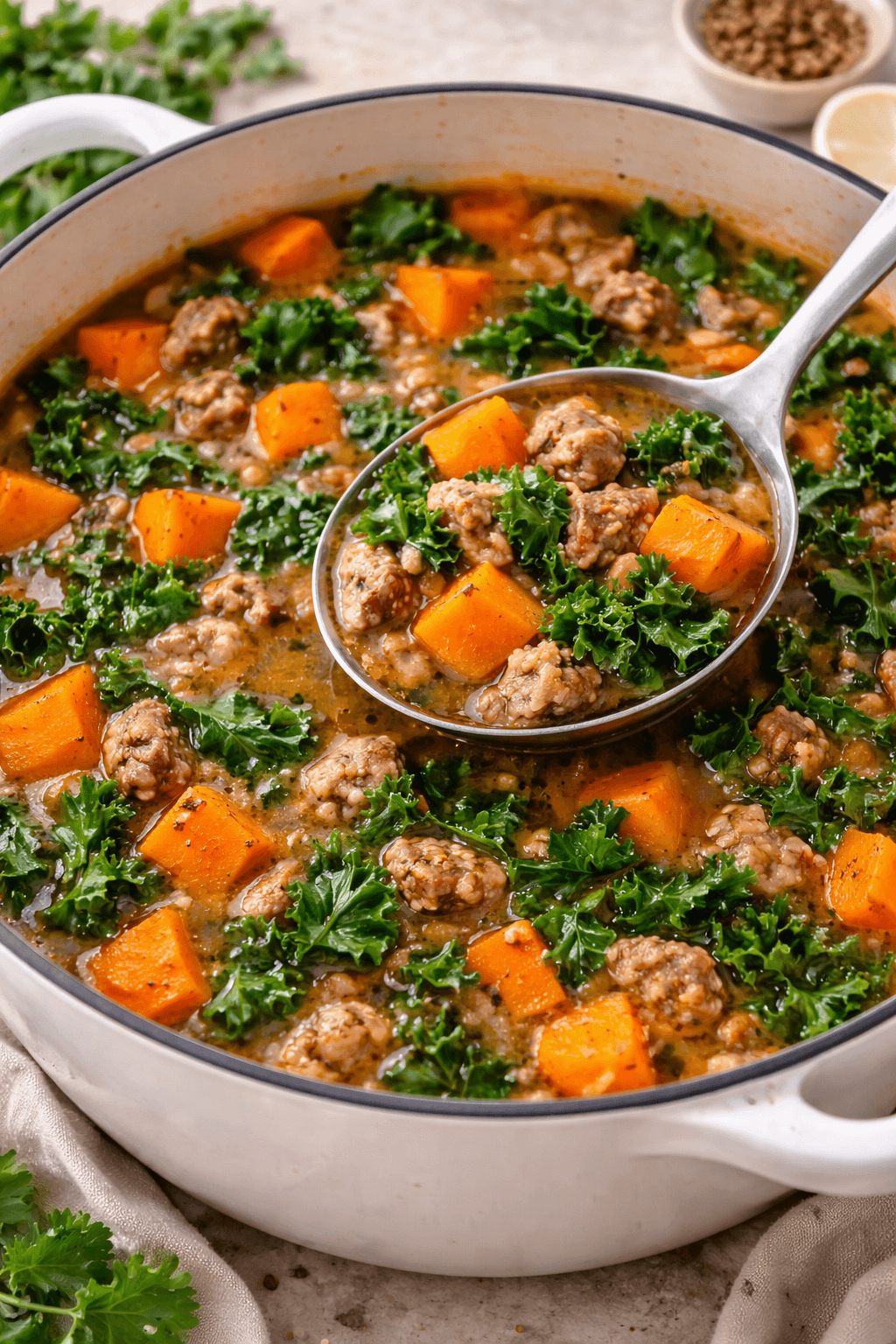 5-Ingredient Sausage, Kale, and Sweet Potato Soup