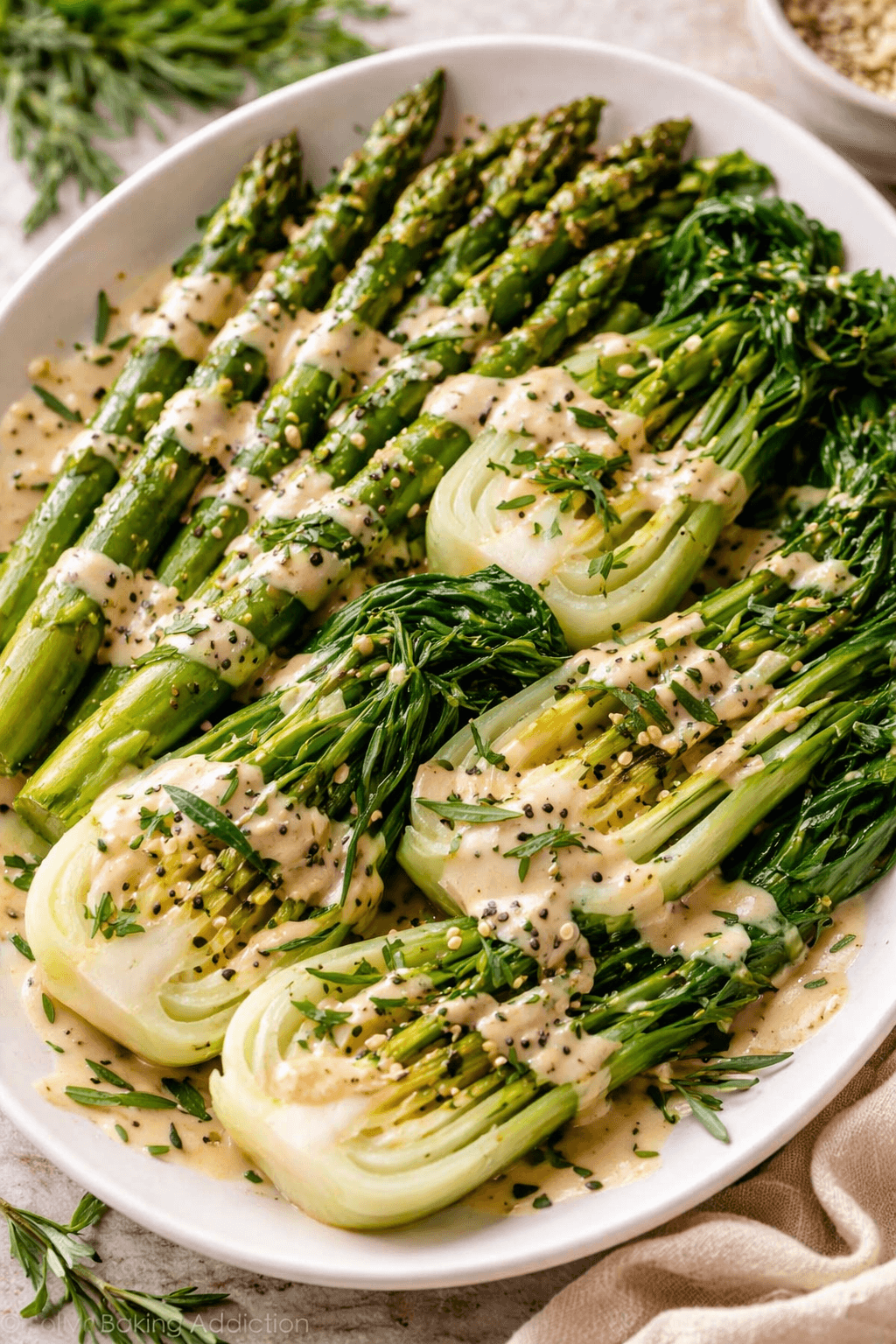 Steamed Asparagus and Bokchoy with Taragon Sauce